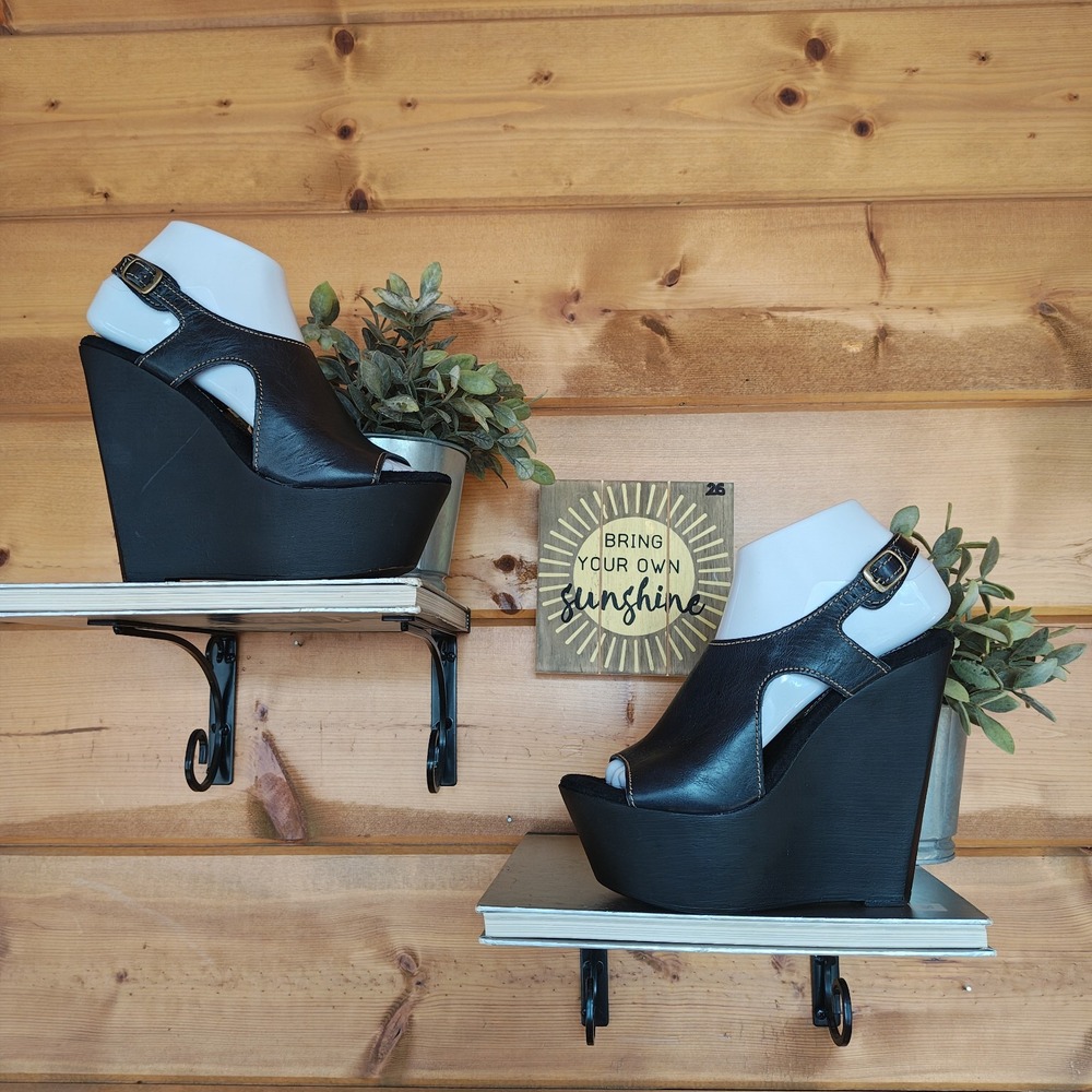Sbicca Vintage Collection Wooden Wedge Platform Sandals Boho Black Leather Sz 38